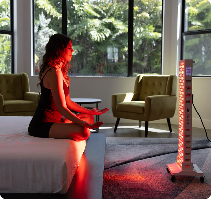 Vital Red LIght. Red Light Therapy. A woman sits cross-legged on a yoga mat indoors, looking at her phone and checking her Wholesale Dashboard, with red light shining on her face.